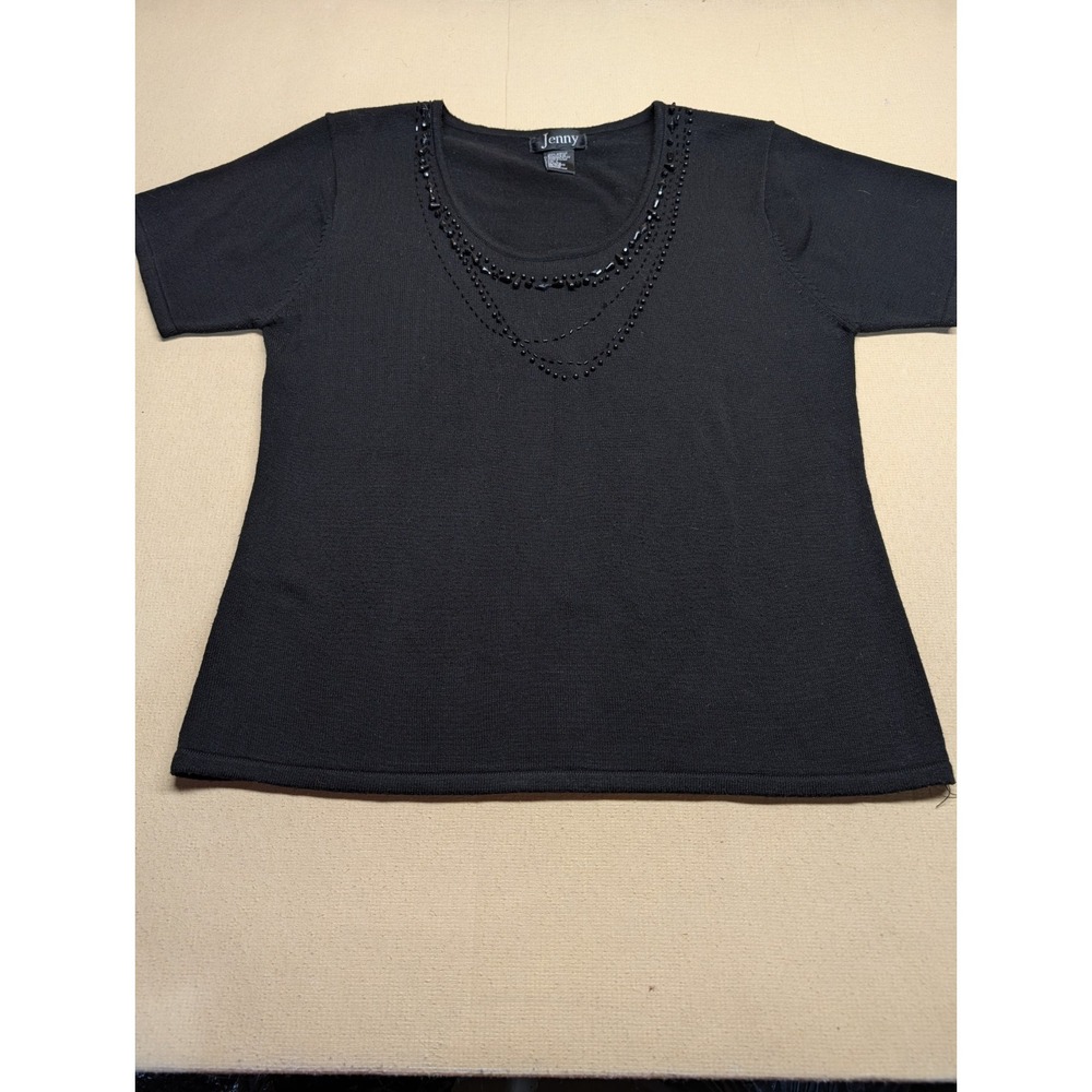 Jenny Women's Sweater Size Large Black Beaded Neckline 100% Acrylic Lightweight